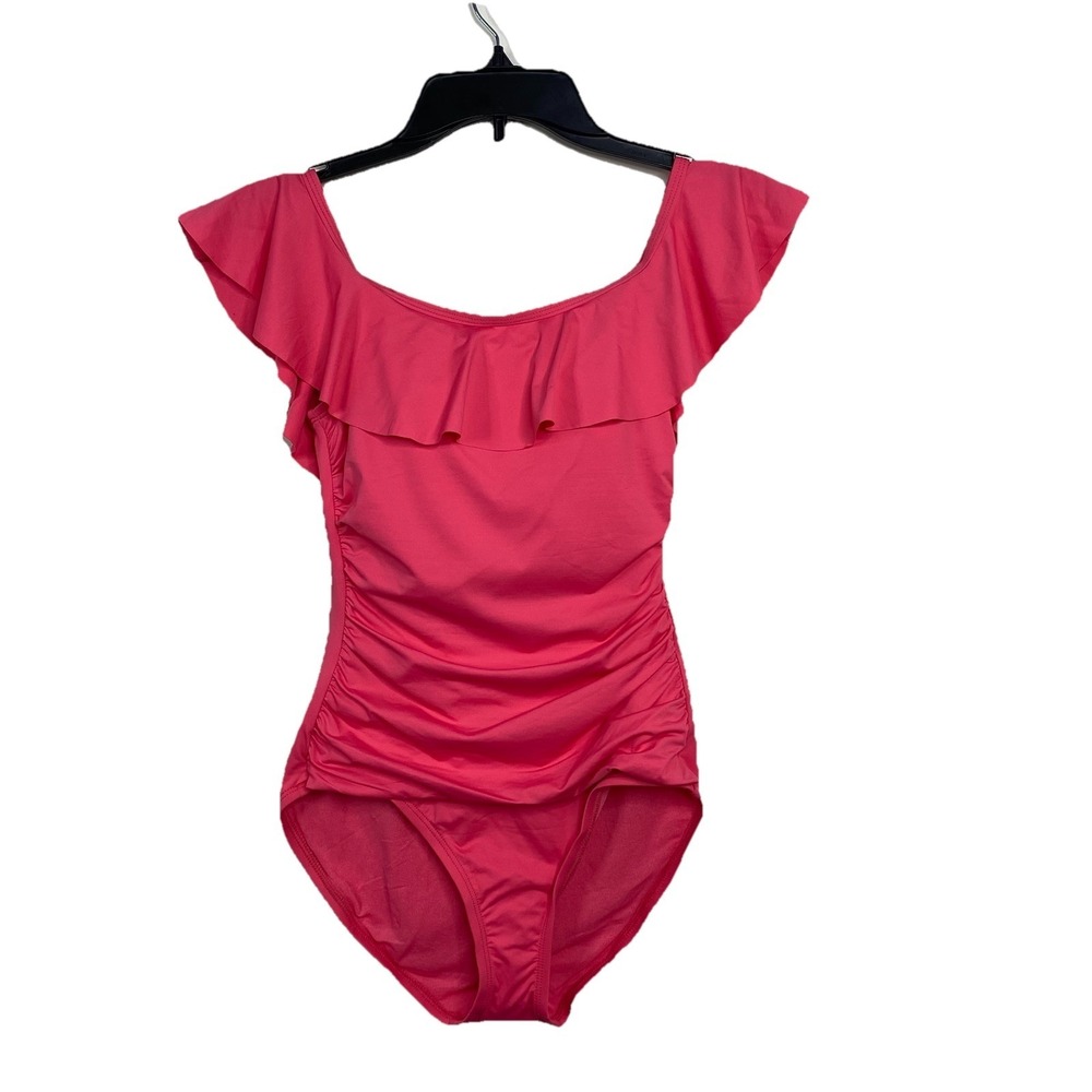 Tommy Bahama One Piece Swimsuit‎ Ruffle Off Shoulder Pink Coral Size 4 UPF 50